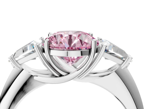 White gold Three-Stone Fancy Pink Round Cut Cut Diamond Ring with Trillion Side Stones and Four-Prong Setting_15