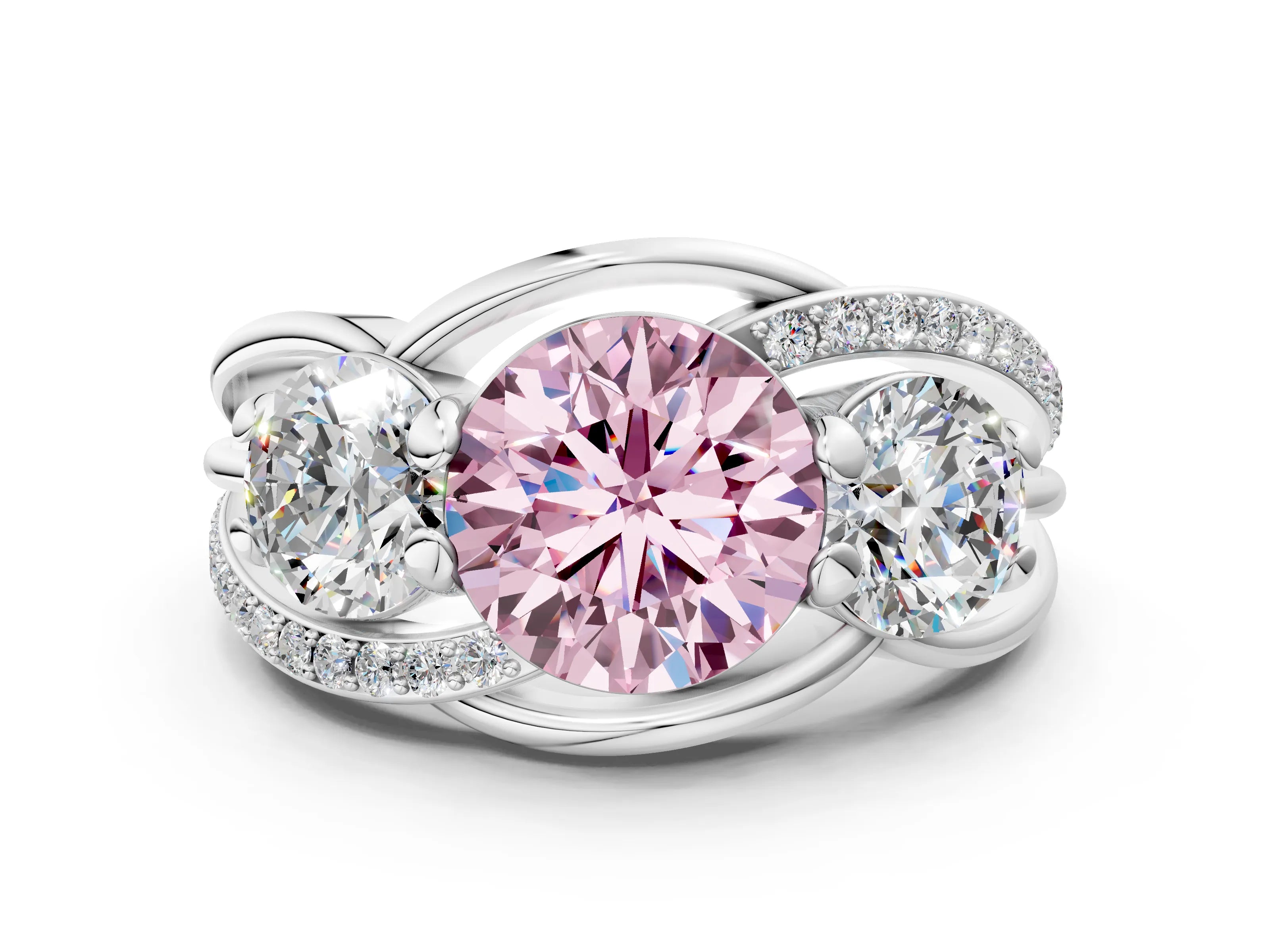 White gold Three-Stone Fancy Pink Round Cut Cut Diamond Split Shank Prong Set Ring_12