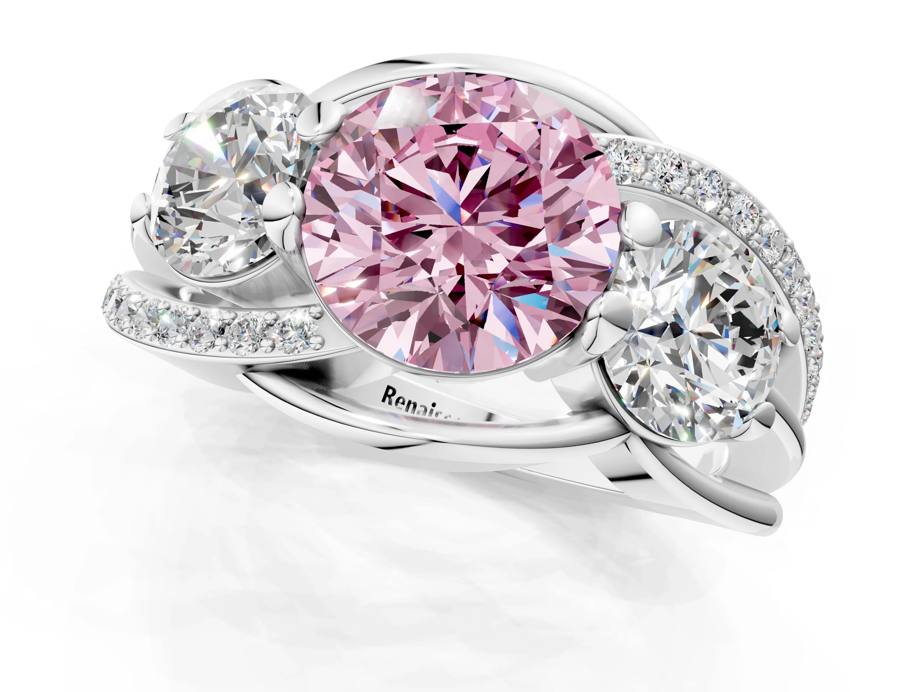 White gold Three-Stone Fancy Pink Round Cut Cut Diamond Split Shank Prong Set Ring_13
