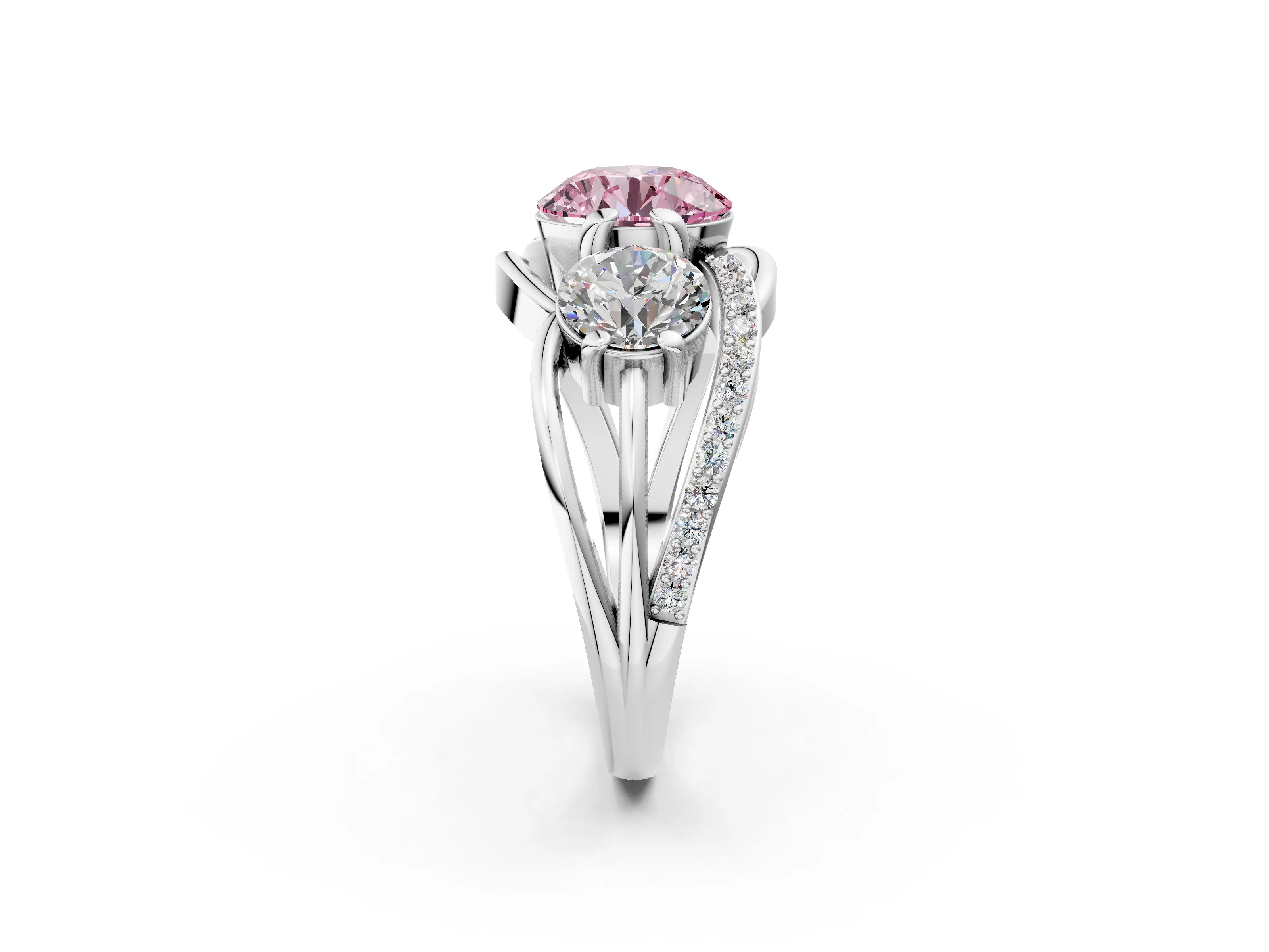 White gold Three-Stone Fancy Pink Round Cut Cut Diamond Split Shank Prong Set Ring_14