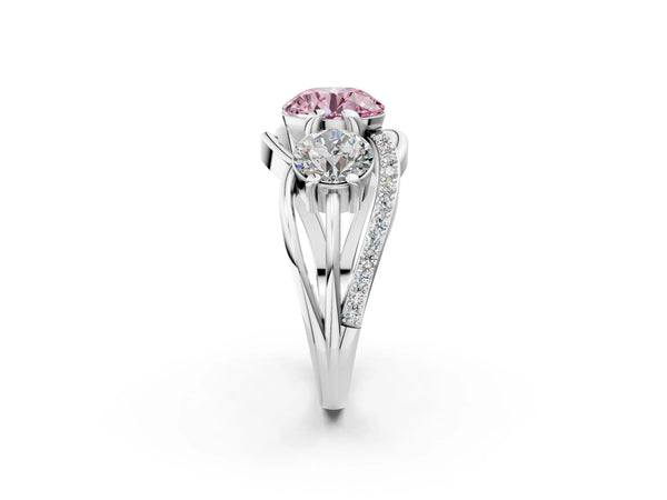 Sterling Silver Round Three Stone Split Shank Engagement Ring Setting for Fancy Pink Center