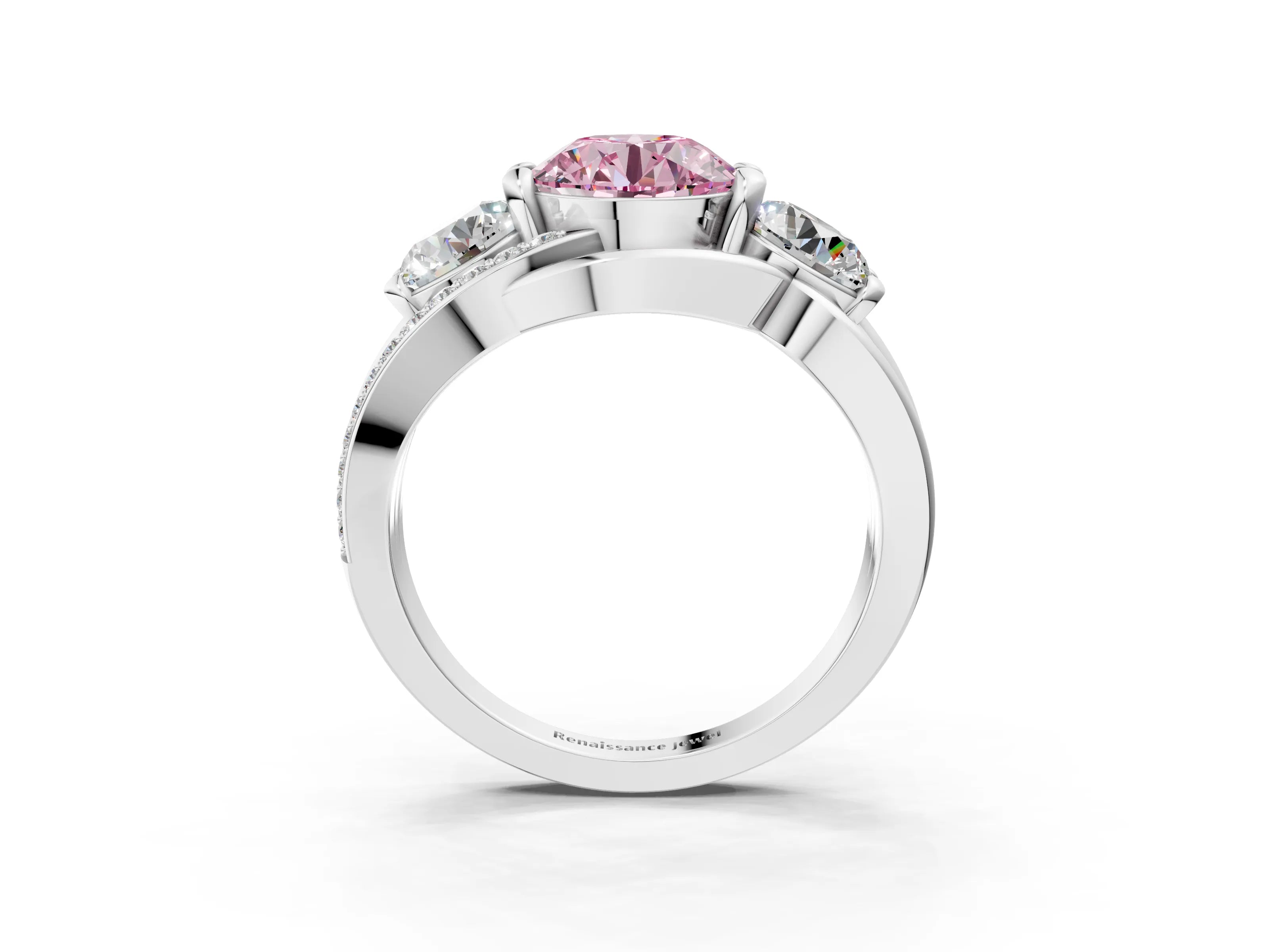 White gold Three-Stone Fancy Pink Round Cut Cut Diamond Split Shank Prong Set Ring_15