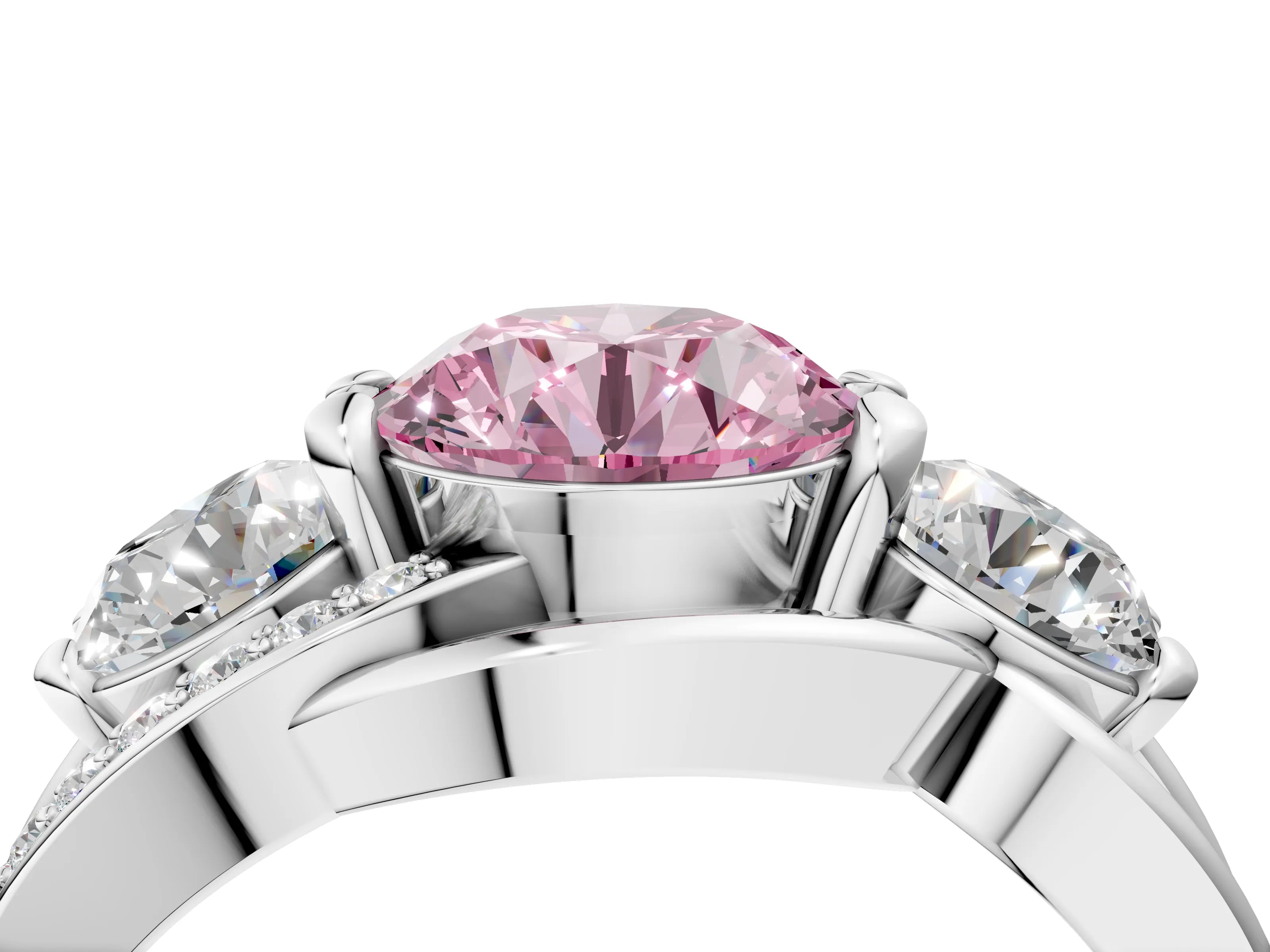 White gold Three-Stone Fancy Pink Round Cut Cut Diamond Split Shank Prong Set Ring_16