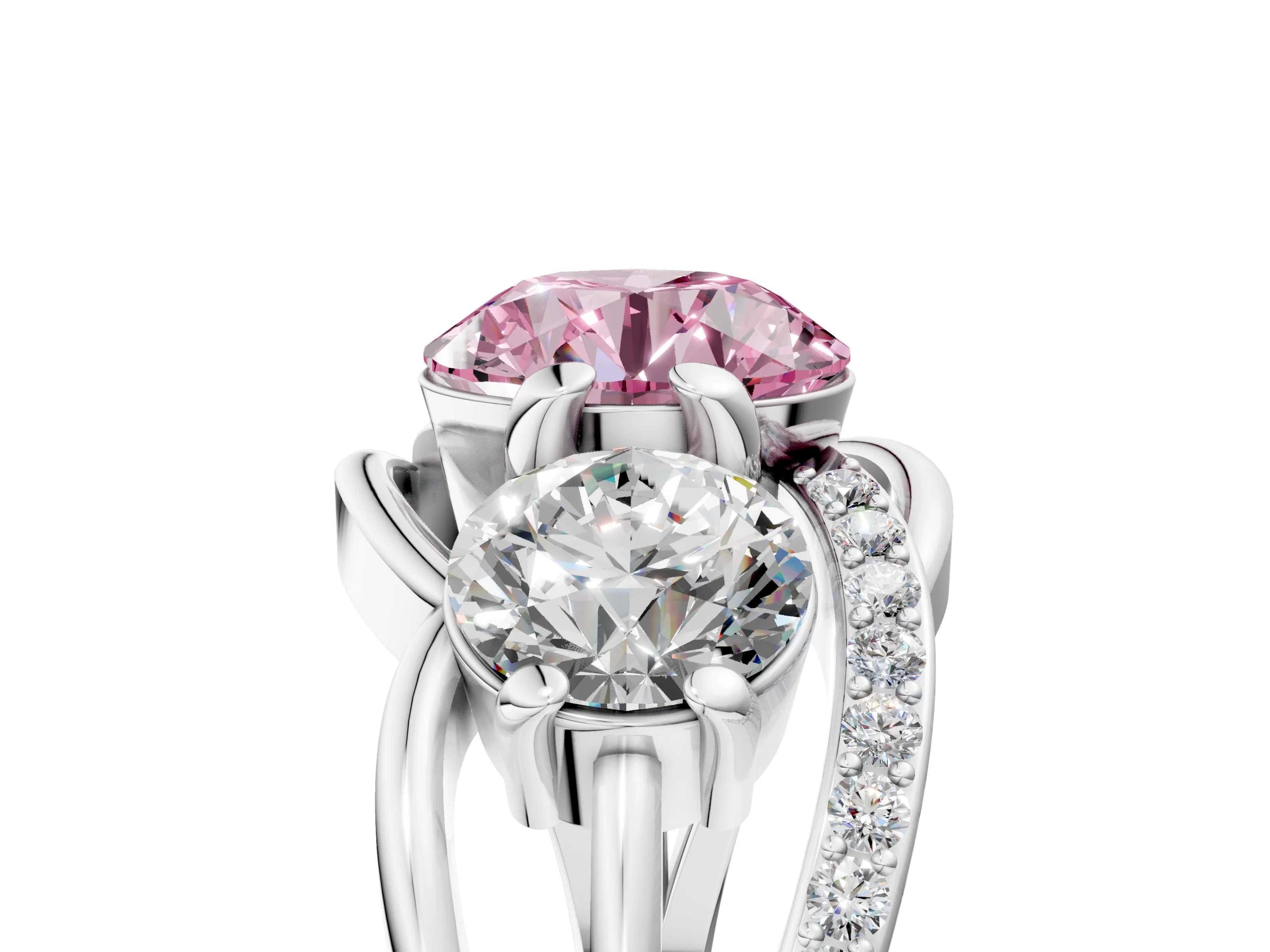 White gold Three-Stone Fancy Pink Round Cut Cut Diamond Split Shank Prong Set Ring_17