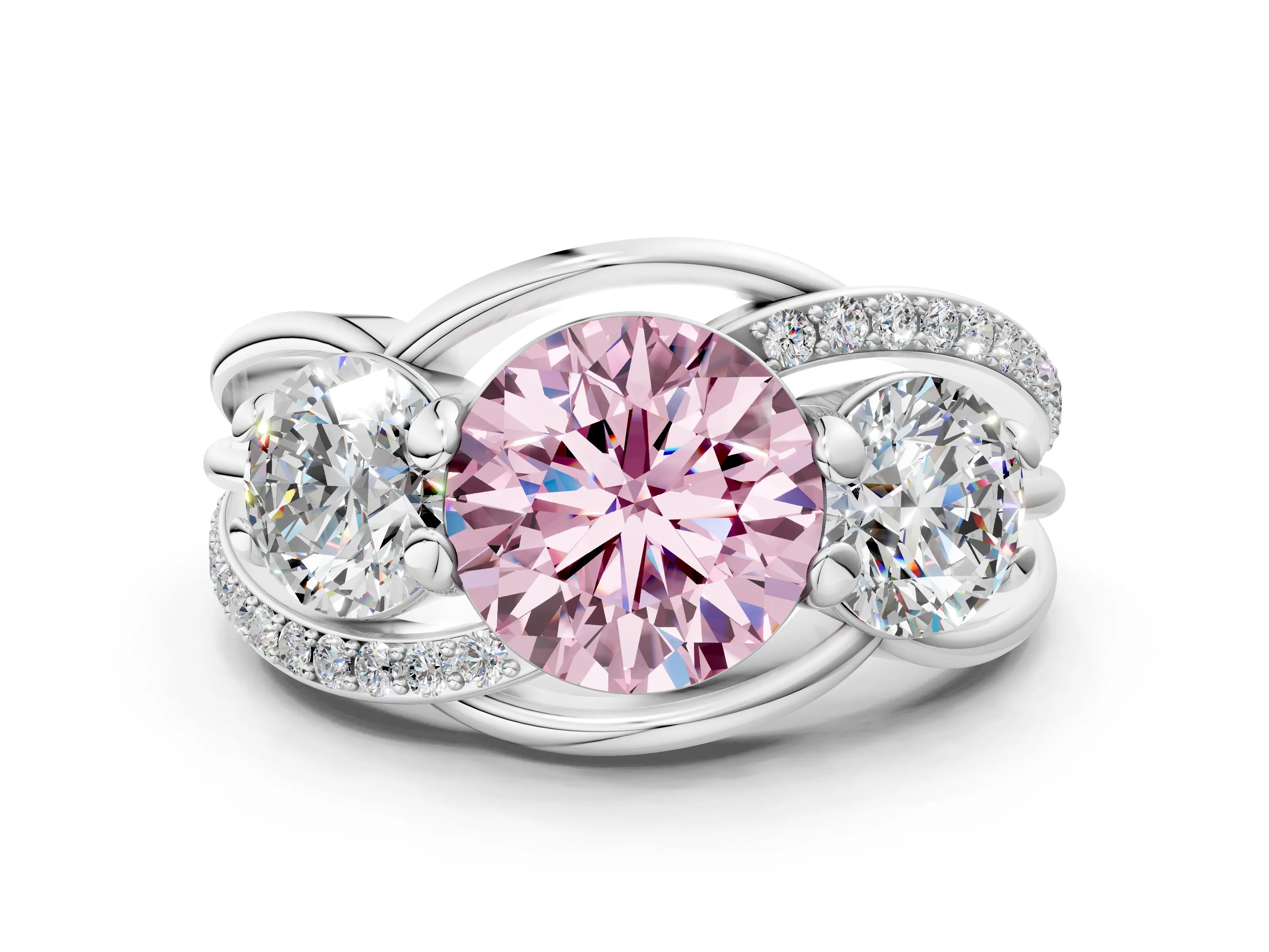 White gold Three-Stone Fancy Pink Round Cut Cut Diamond Split Shank Prong Set Ring