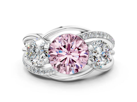 White gold Three-Stone Fancy Pink Round Cut Cut Diamond Split Shank Prong Set Ring