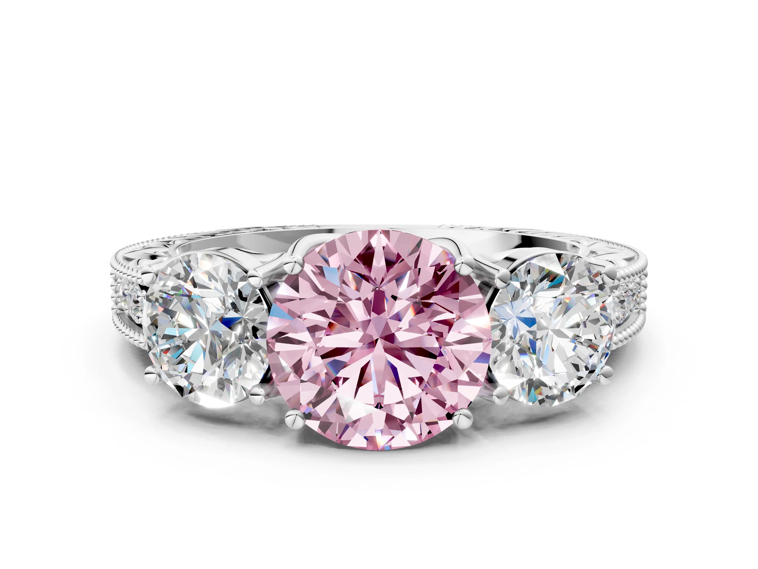 White gold Three-Stone Fancy Pink Round Cut Cut Milgrain Pavé Engagement Ring