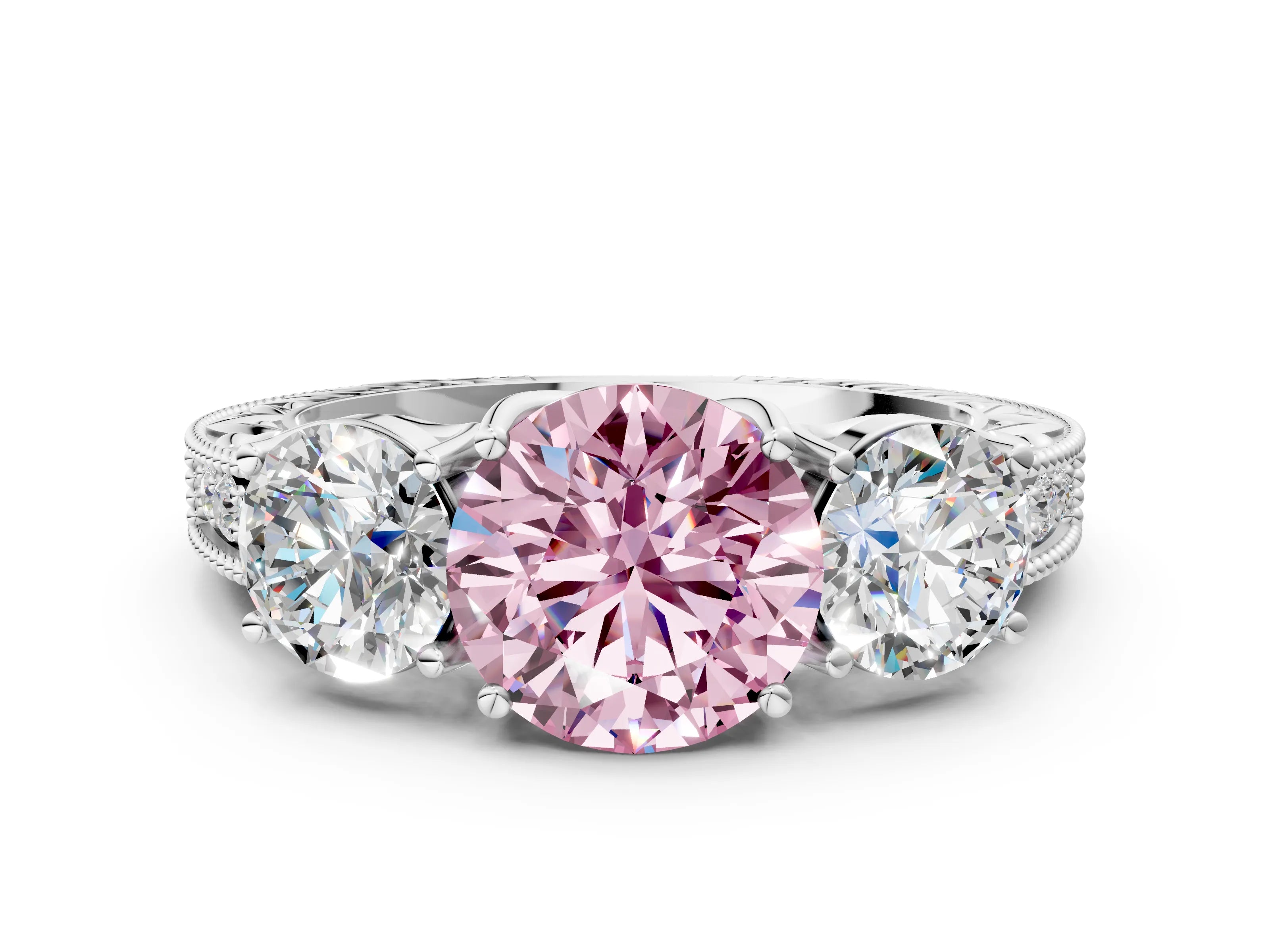 White gold Three-Stone Fancy Pink Round Cut Cut Milgrain Pavé Engagement Ring_12