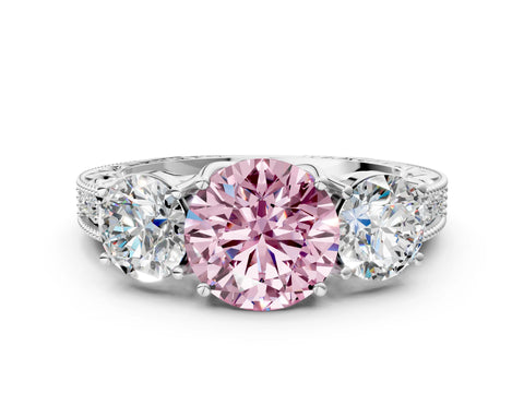White gold Three-Stone Fancy Pink Round Cut Cut Milgrain Pavé Engagement Ring_12
