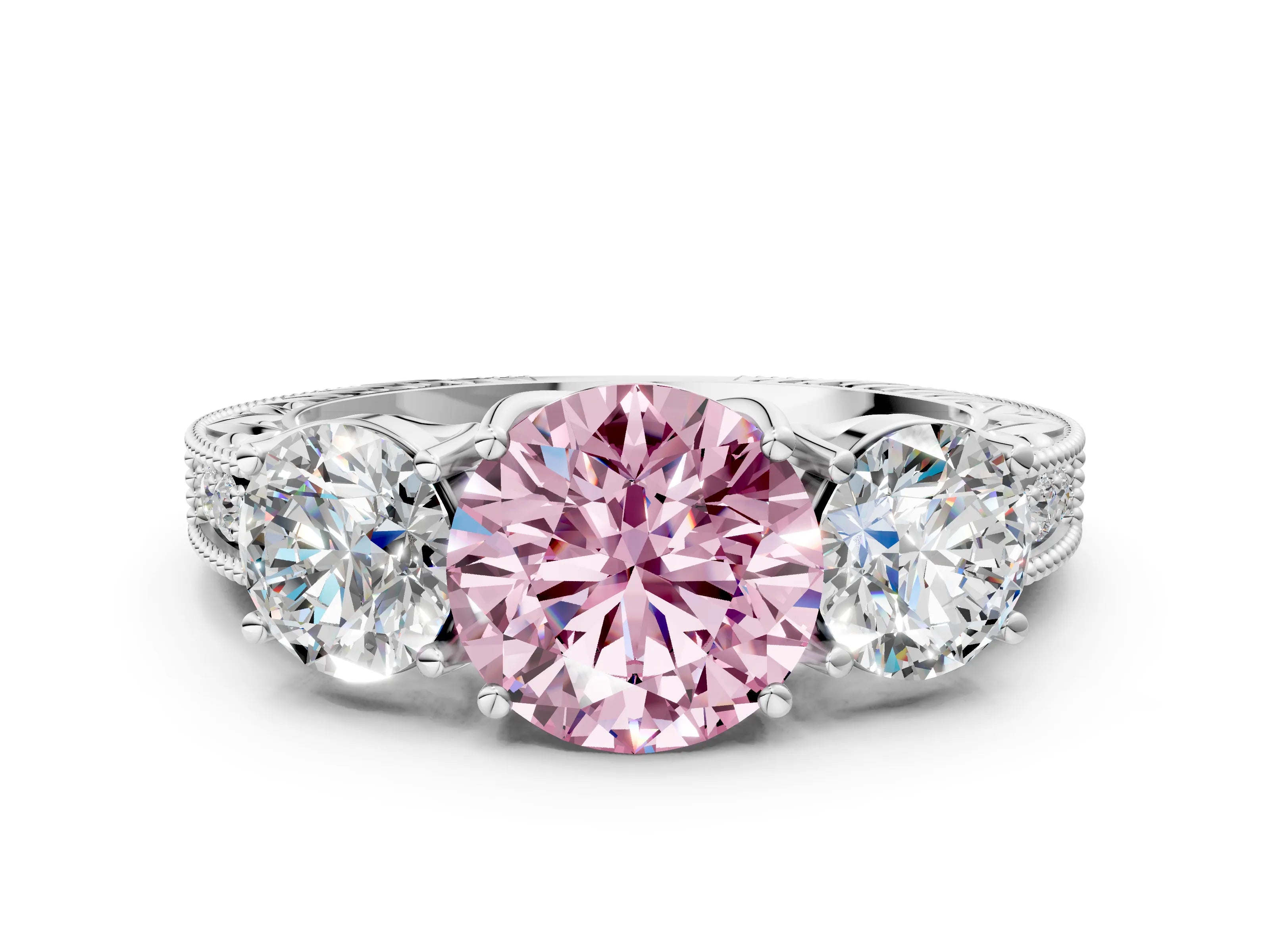 White gold Three-Stone Fancy Pink Round Cut Cut Milgrain Pavé Engagement Ring_12
