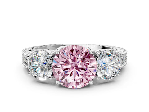 White gold Three-Stone Fancy Pink Round Cut Cut Milgrain Pavé Engagement Ring_12