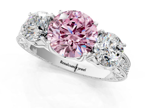 White gold Three-Stone Fancy Pink Round Cut Cut Milgrain Pavé Engagement Ring_13