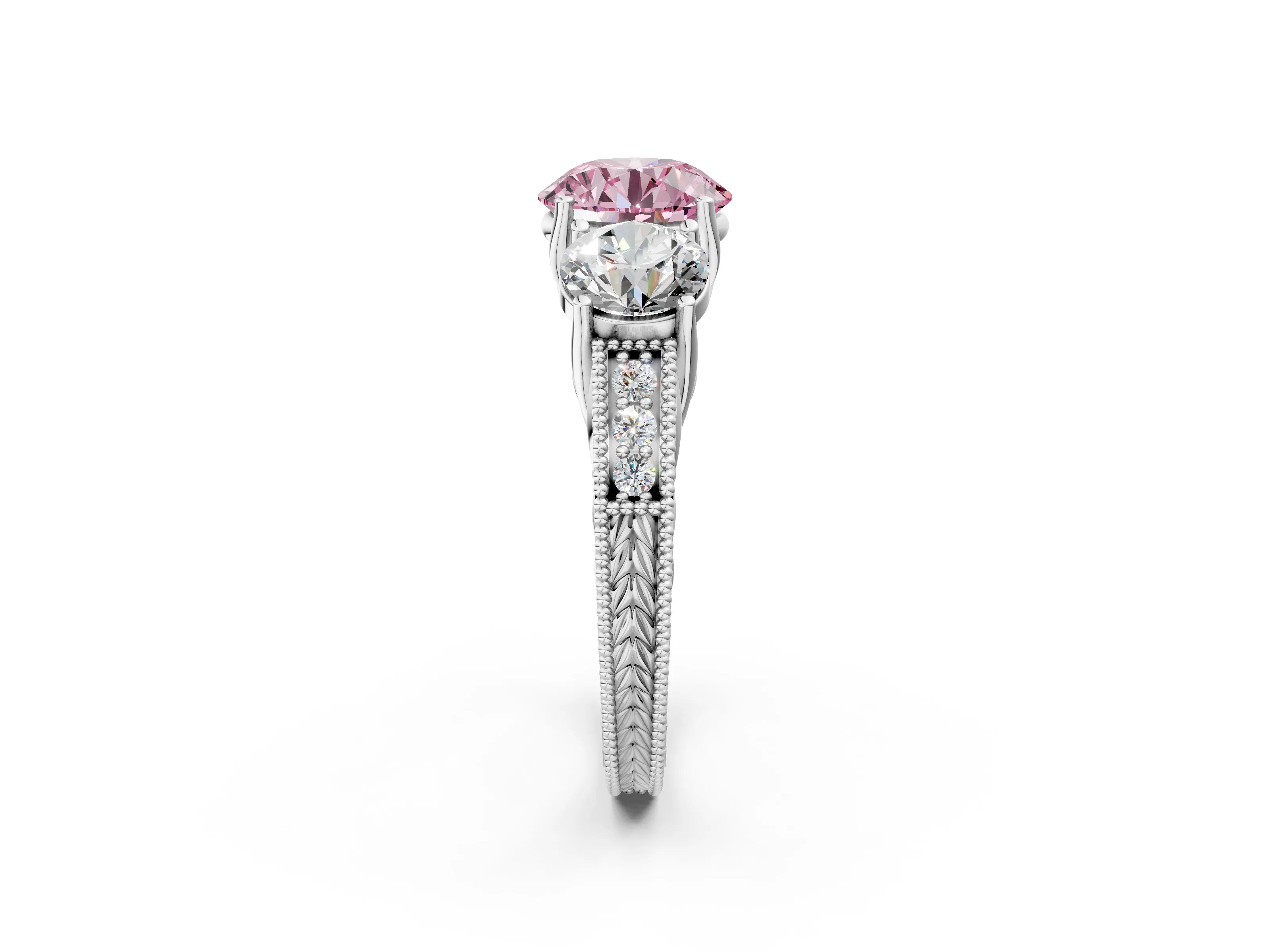 White gold Three-Stone Fancy Pink Round Cut Cut Milgrain Pavé Engagement Ring_14