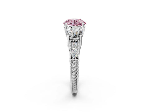 White gold Three-Stone Fancy Pink Round Cut Cut Milgrain Pavé Engagement Ring_14