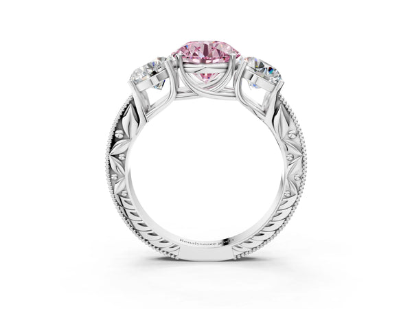 White gold Three-Stone Fancy Pink Round Cut Cut Milgrain Pavé Engagement Ring