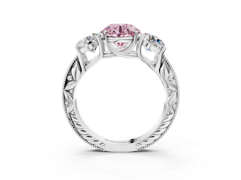 White gold Three-Stone Fancy Pink Round Cut Cut Milgrain Pavé Engagement Ring_15