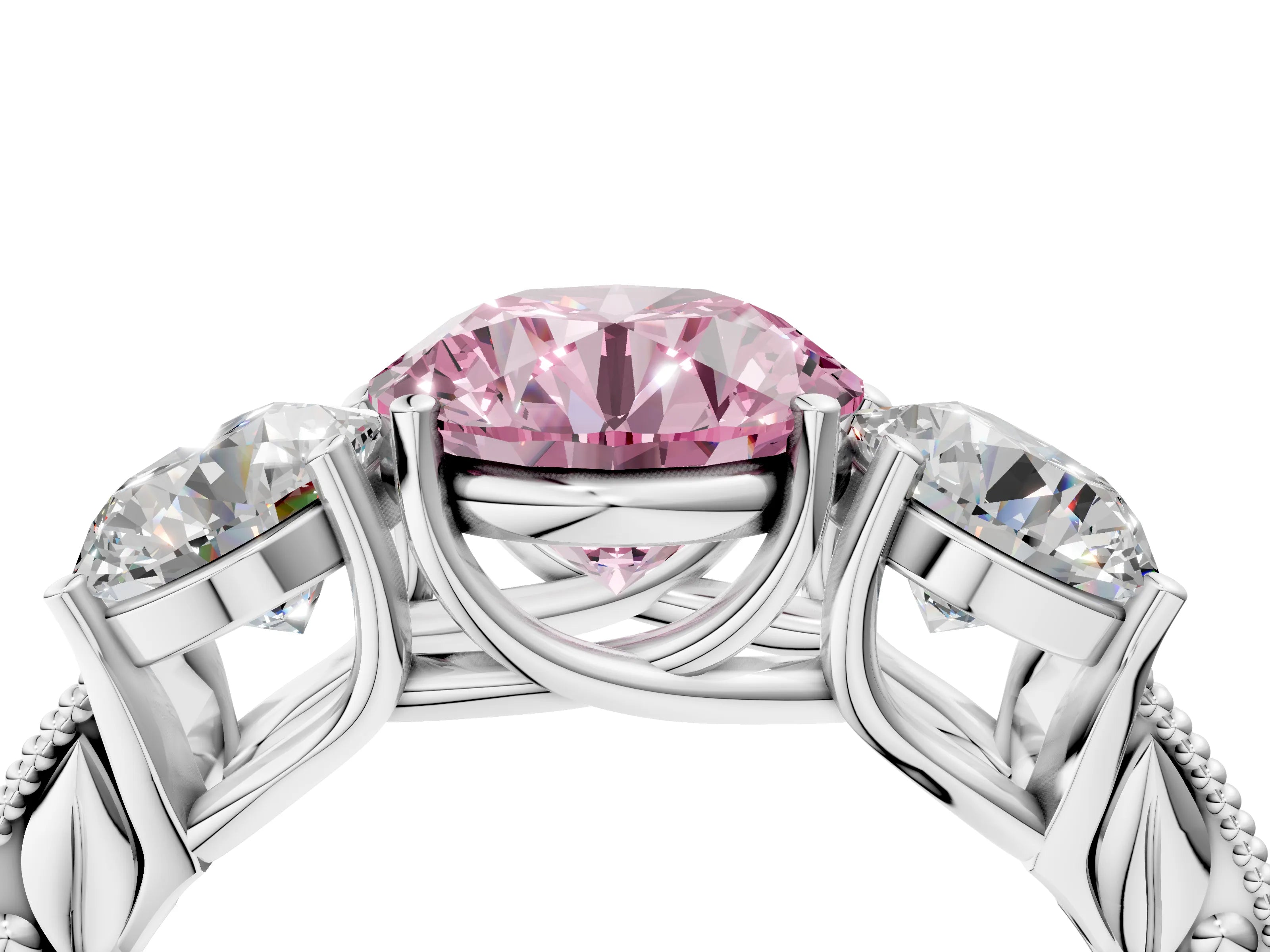 White gold Three-Stone Fancy Pink Round Cut Cut Milgrain Pavé Engagement Ring_16