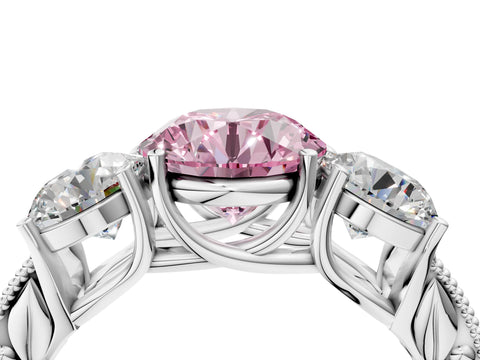 White gold Three-Stone Fancy Pink Round Cut Cut Milgrain Pavé Engagement Ring_16