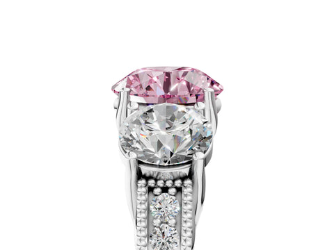 White gold Three-Stone Fancy Pink Round Cut Cut Milgrain Pavé Engagement Ring_17