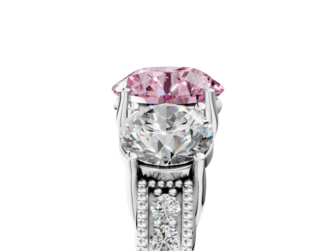 White gold Three-Stone Fancy Pink Round Cut Cut Milgrain Pavé Engagement Ring_17