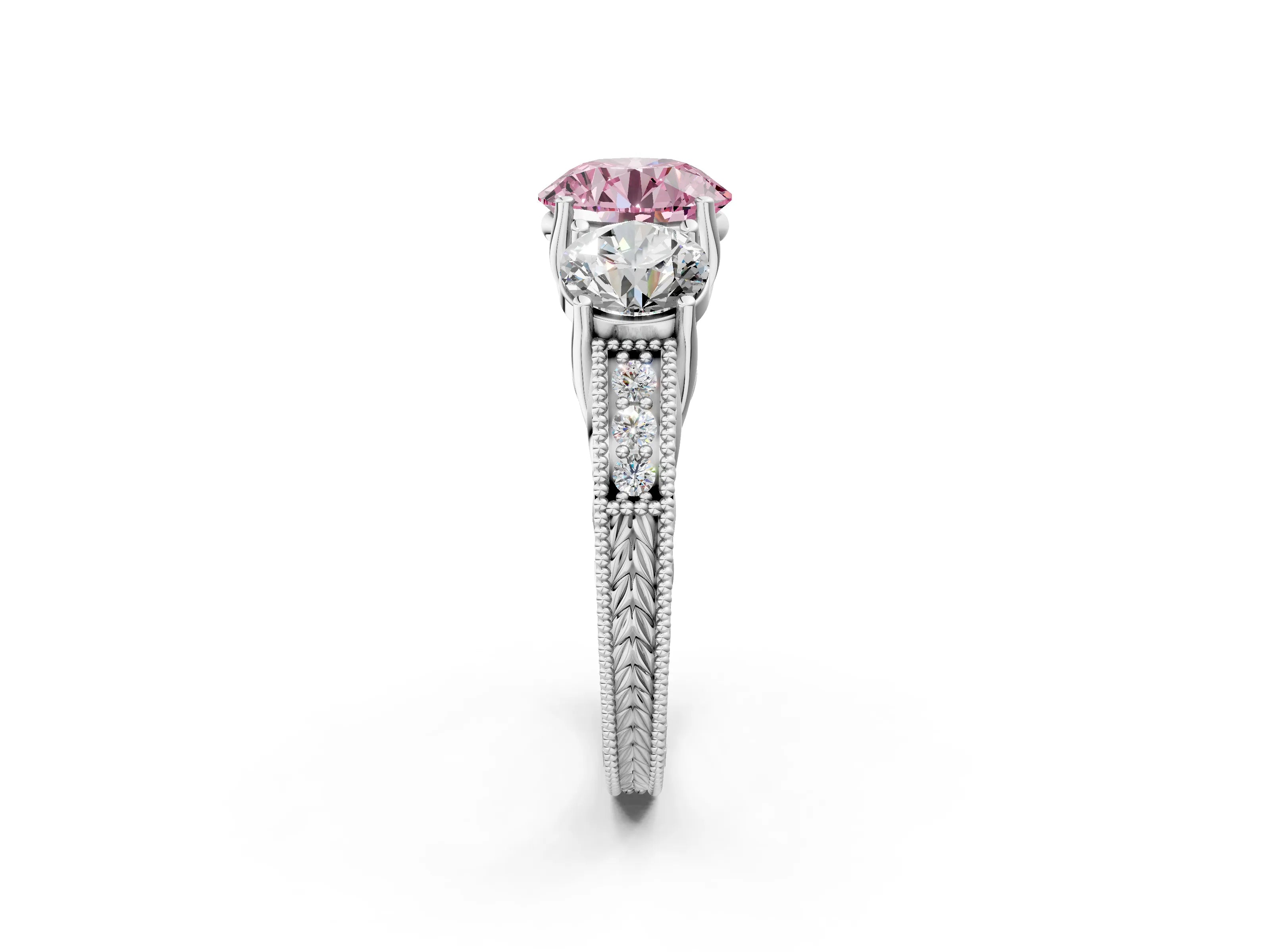 White gold Three-Stone Fancy Pink Round Cut Cut Milgrain Pavé Engagement Ring_2