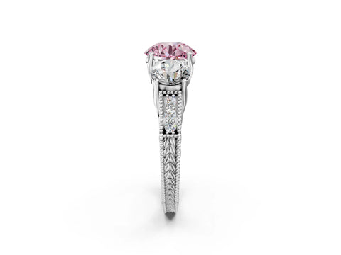 White gold Three-Stone Fancy Pink Round Cut Cut Milgrain Pavé Engagement Ring_2