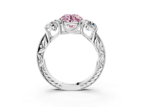White gold Three-Stone Fancy Pink Round Cut Cut Milgrain Pavé Engagement Ring_3