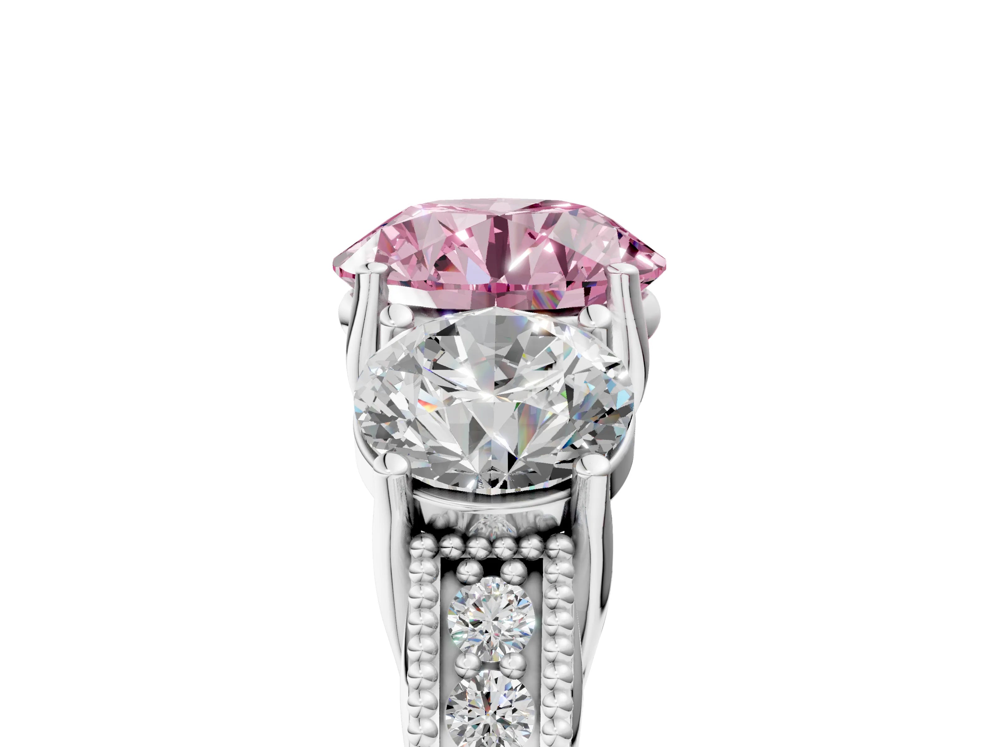 White gold Three-Stone Fancy Pink Round Cut Cut Milgrain Pavé Engagement Ring_5
