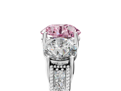 White gold Three-Stone Fancy Pink Round Cut Cut Milgrain Pavé Engagement Ring_5