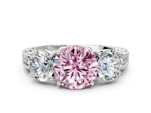 White gold Three-Stone Fancy Pink Round Cut Cut Milgrain Pavé Engagement Ring