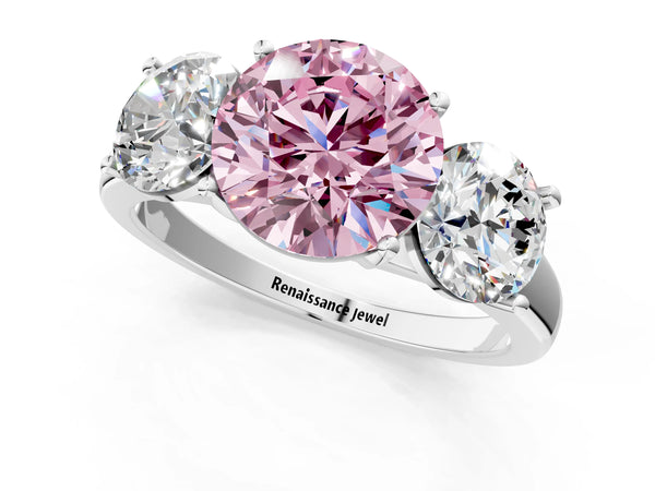 White gold Three-Stone Fancy Pink Round Cut Cut Solitaire Ring with Classic Prong Setting
