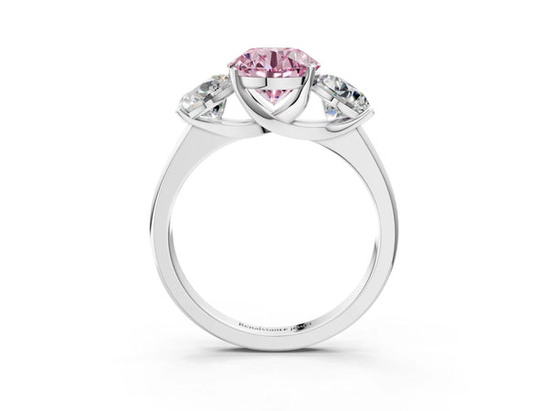 White gold Three-Stone Fancy Pink Round Cut Cut Solitaire Ring with Classic Prong Setting