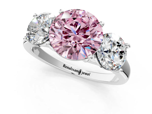 White gold Three-Stone Fancy Pink Round Cut Cut Solitaire Ring with Classic Prong Setting