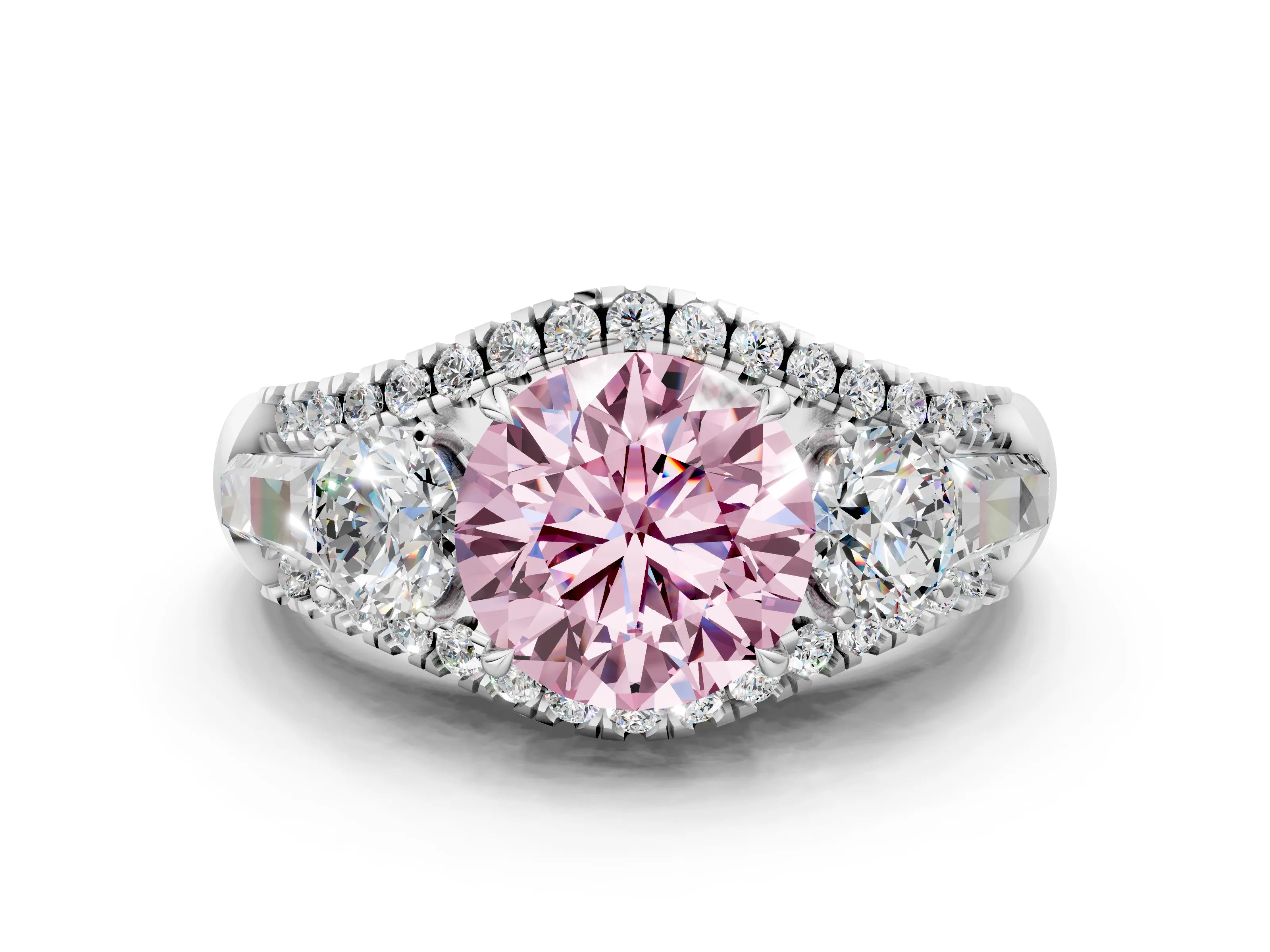 White gold Three-Stone Fancy Pink Round Cut Diamond Engagement Ring with Pave Band and Prong Setting