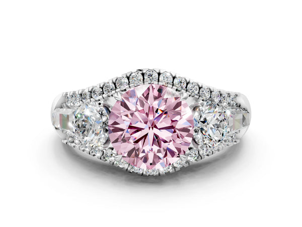Platinum Three-Stone Fancy Pink Round Cut Diamond Engagement Ring with Pave Band and Prong Setting