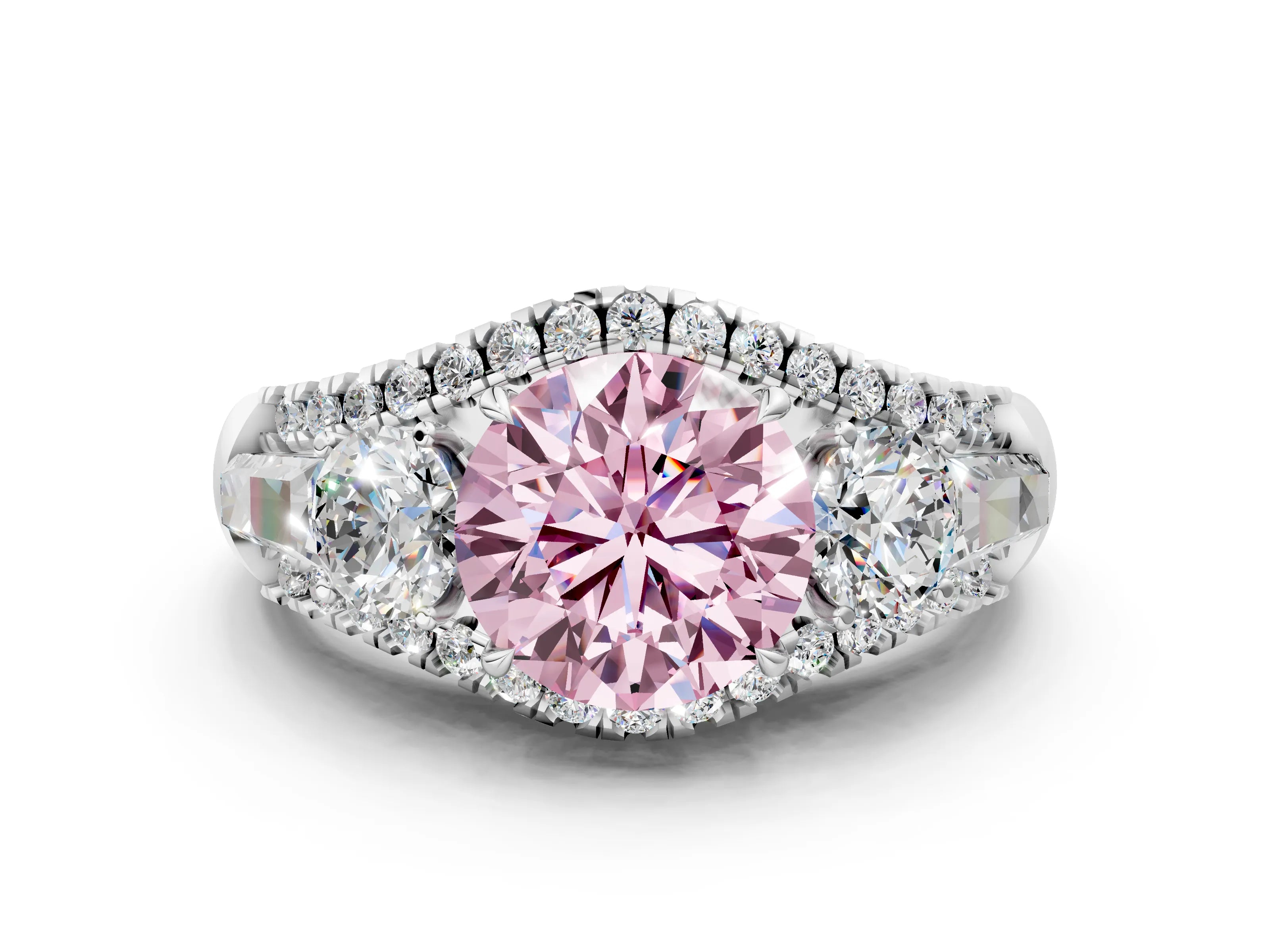 White gold Three-Stone Fancy Pink Round Cut Diamond Engagement Ring with Pave Band and Prong Setting_12