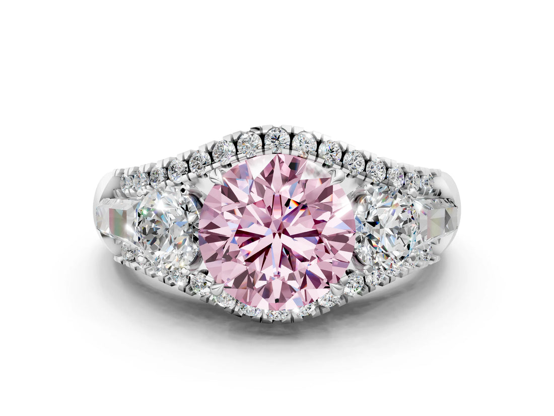 White gold Three-Stone Fancy Pink Round Cut Diamond Engagement Ring with Pave Band and Prong Setting_12