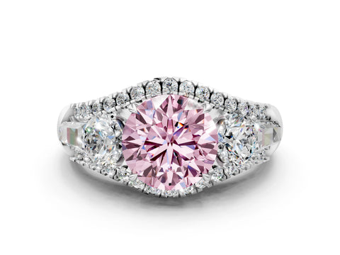 White gold Three-Stone Fancy Pink Round Cut Diamond Engagement Ring with Pave Band and Prong Setting_12