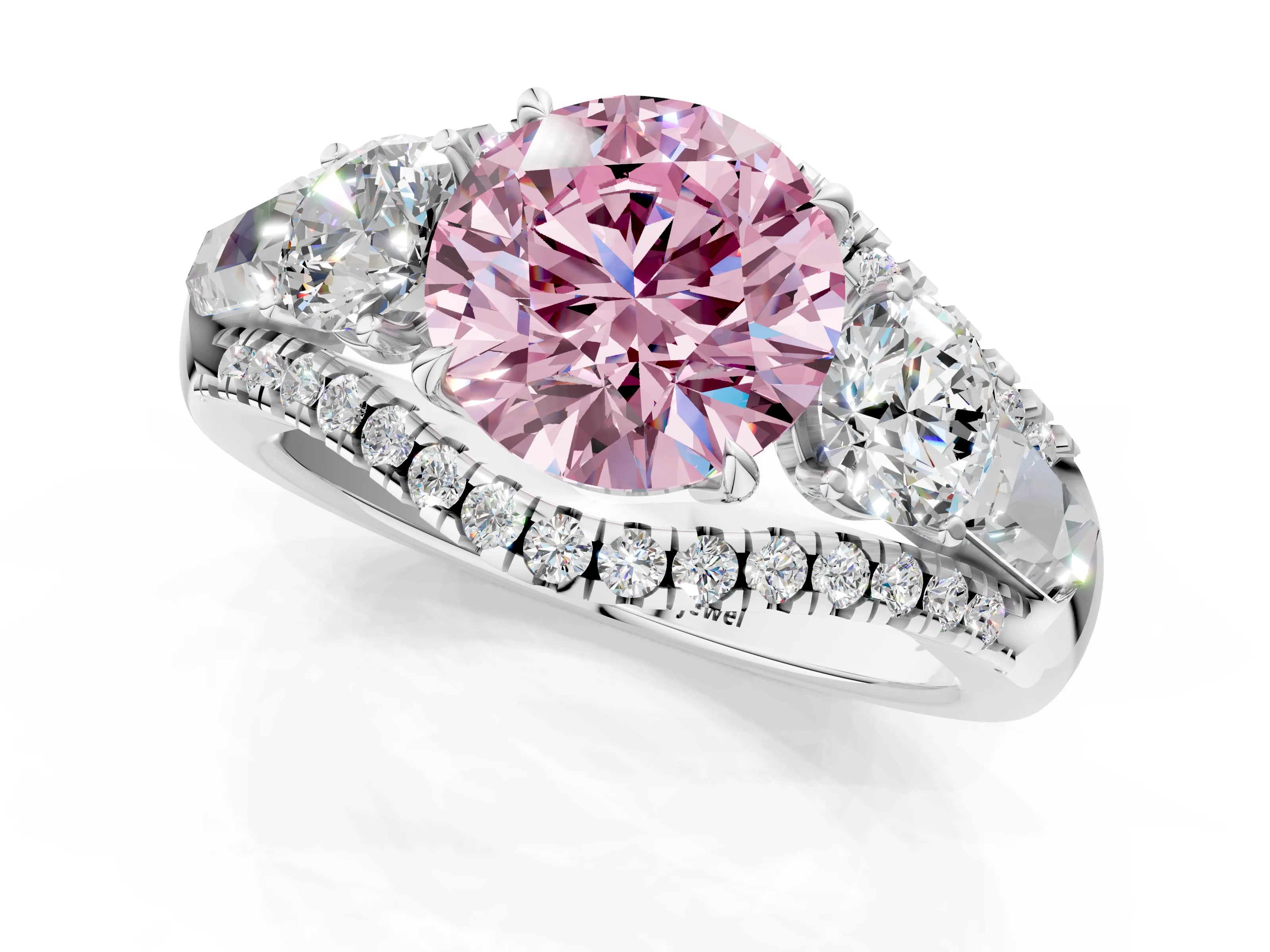 White gold Three-Stone Fancy Pink Round Cut Diamond Engagement Ring with Pave Band and Prong Setting_13