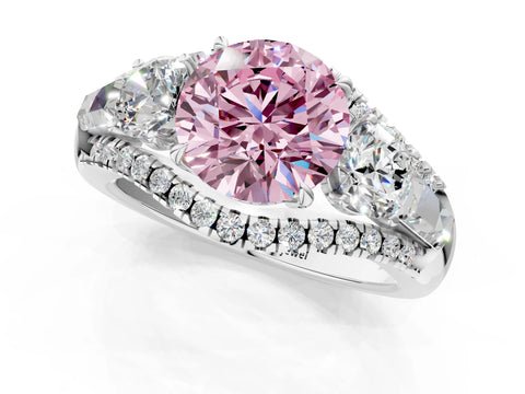White gold Three-Stone Fancy Pink Round Cut Diamond Engagement Ring with Pave Band and Prong Setting_13