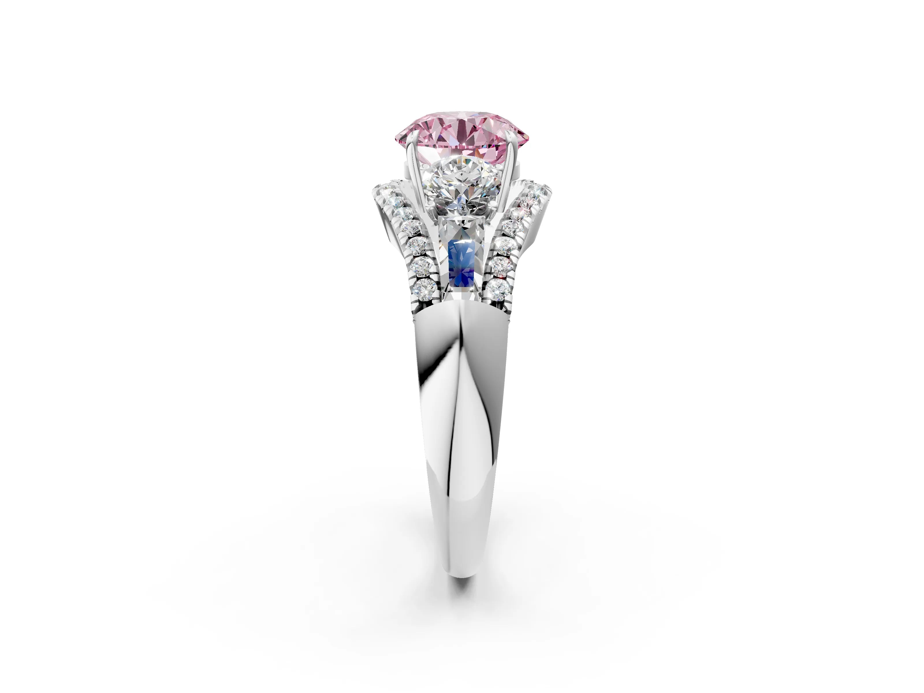 White gold Three-Stone Fancy Pink Round Cut Diamond Engagement Ring with Pave Band and Prong Setting_14