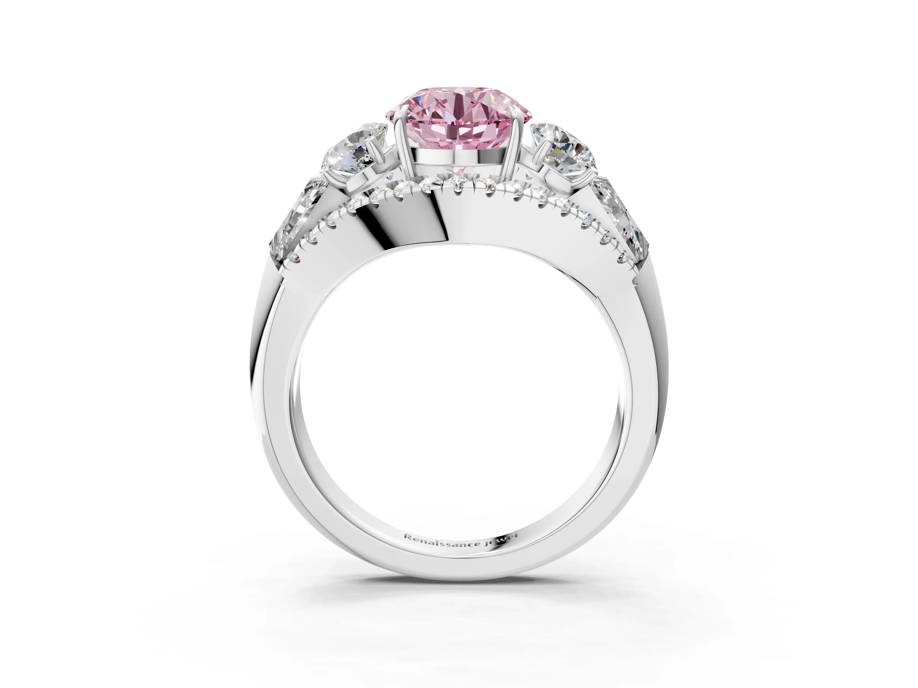 White gold Three-Stone Fancy Pink Round Cut Diamond Engagement Ring with Pave Band and Prong Setting_15