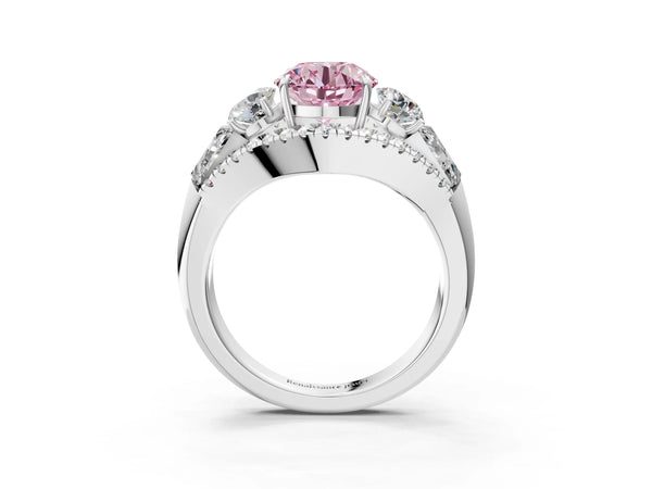 Platinum Three-Stone Fancy Pink Round Cut Diamond Engagement Ring with Pave Band and Prong Setting