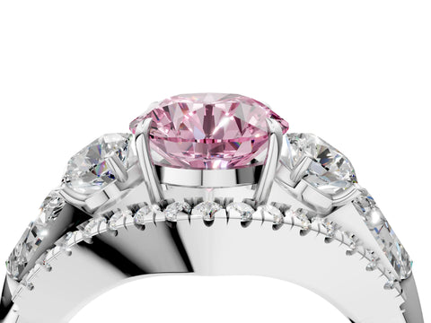 White gold Three-Stone Fancy Pink Round Cut Diamond Engagement Ring with Pave Band and Prong Setting_16