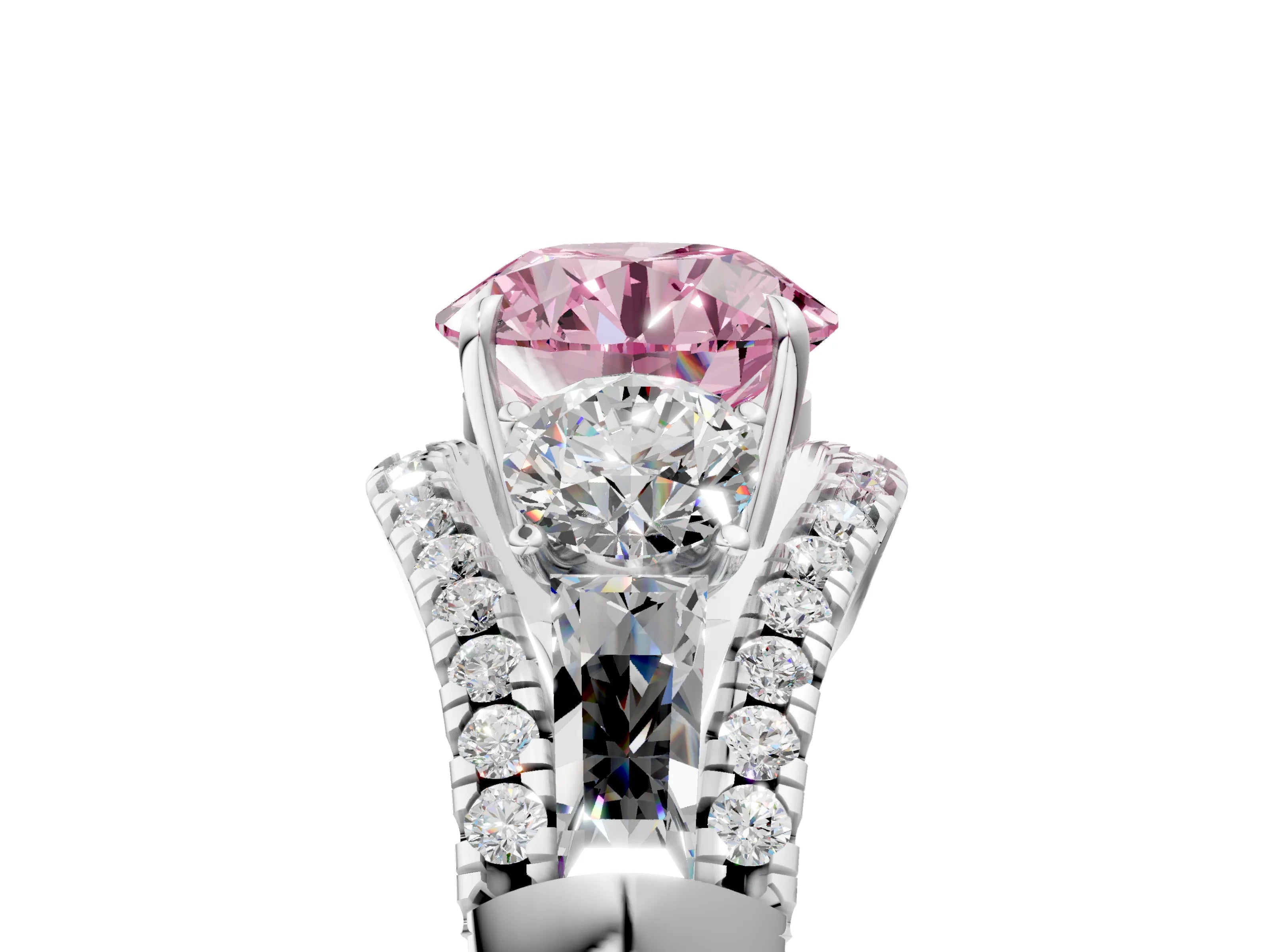 White gold Three-Stone Fancy Pink Round Cut Diamond Engagement Ring with Pave Band and Prong Setting_17