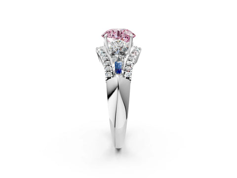 White gold Three-Stone Fancy Pink Round Cut Diamond Engagement Ring with Pave Band and Prong Setting_2