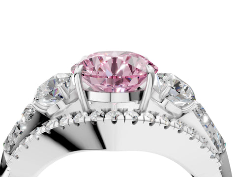 White gold Three-Stone Fancy Pink Round Cut Diamond Engagement Ring with Pave Band and Prong Setting_4