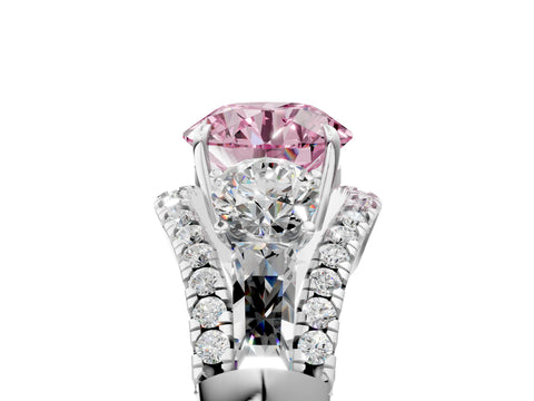 White gold Three-Stone Fancy Pink Round Cut Diamond Engagement Ring with Pave Band and Prong Setting_5