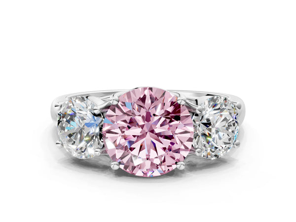 White gold Three-Stone Fancy Pink Round Cut Diamond Engagement Ring with Prong Setting
