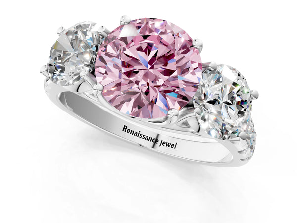 Platinum Three-Stone Fancy Pink Round Cut Diamond Pavé Band with Prong Setting